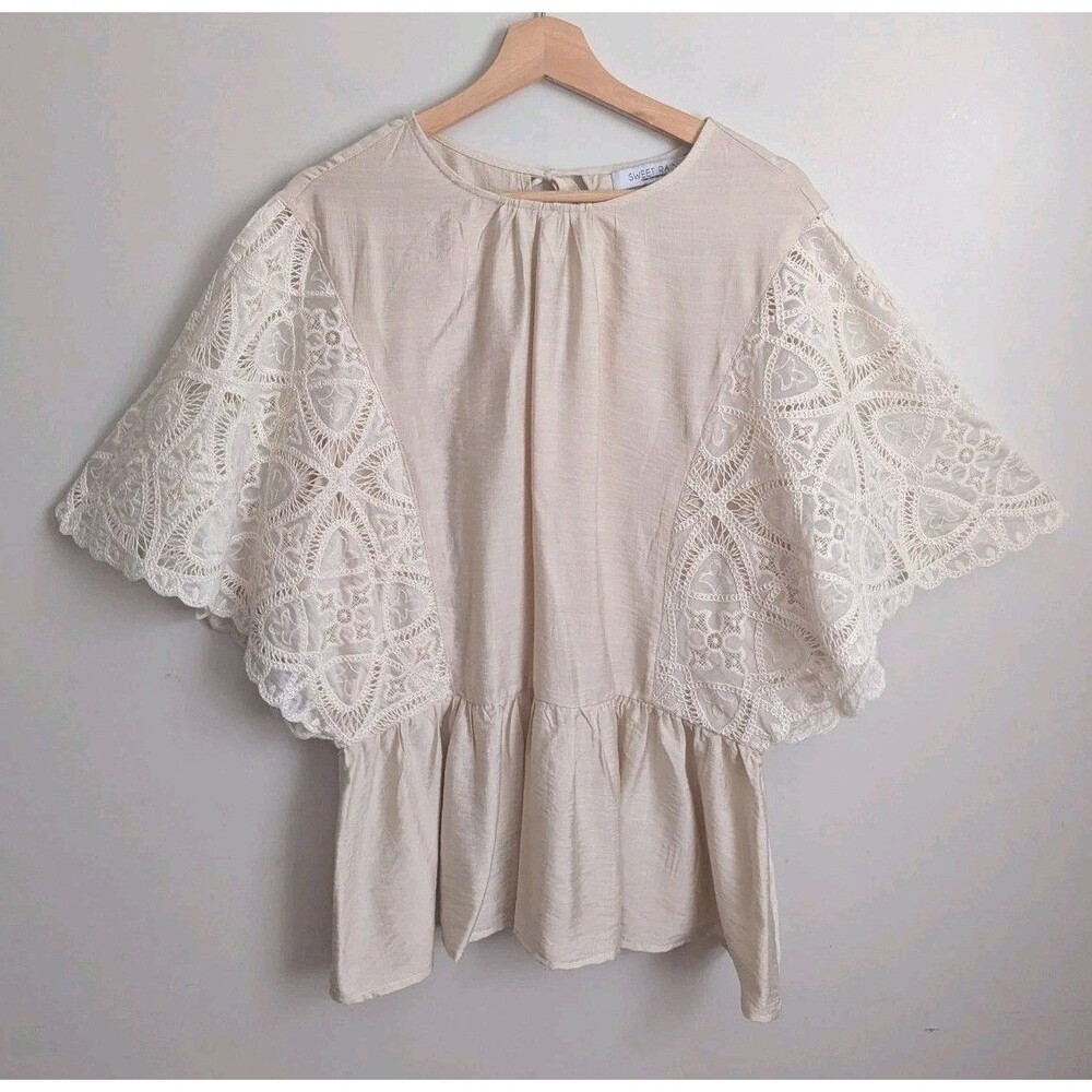 Romantic Ivory Peplum Top Sheer Lace Angel Sleeve Size 2XL Sweet Rain Cottage
